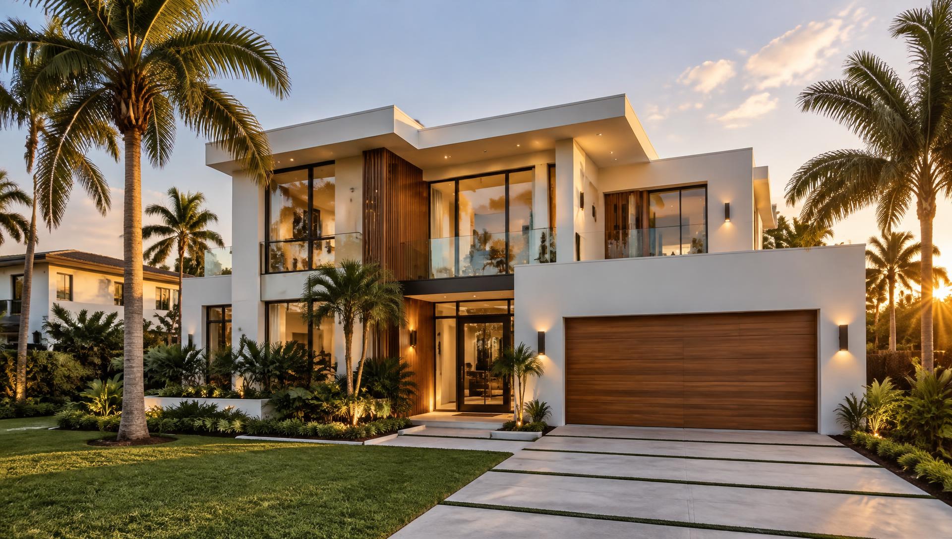 Contemporary two-story Florida home at golden hour with palm trees and warm exterior lighting
