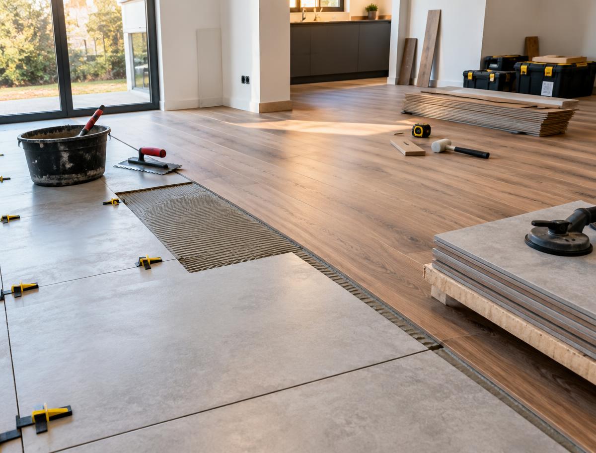 Large format tile and wood-look plank flooring being installed