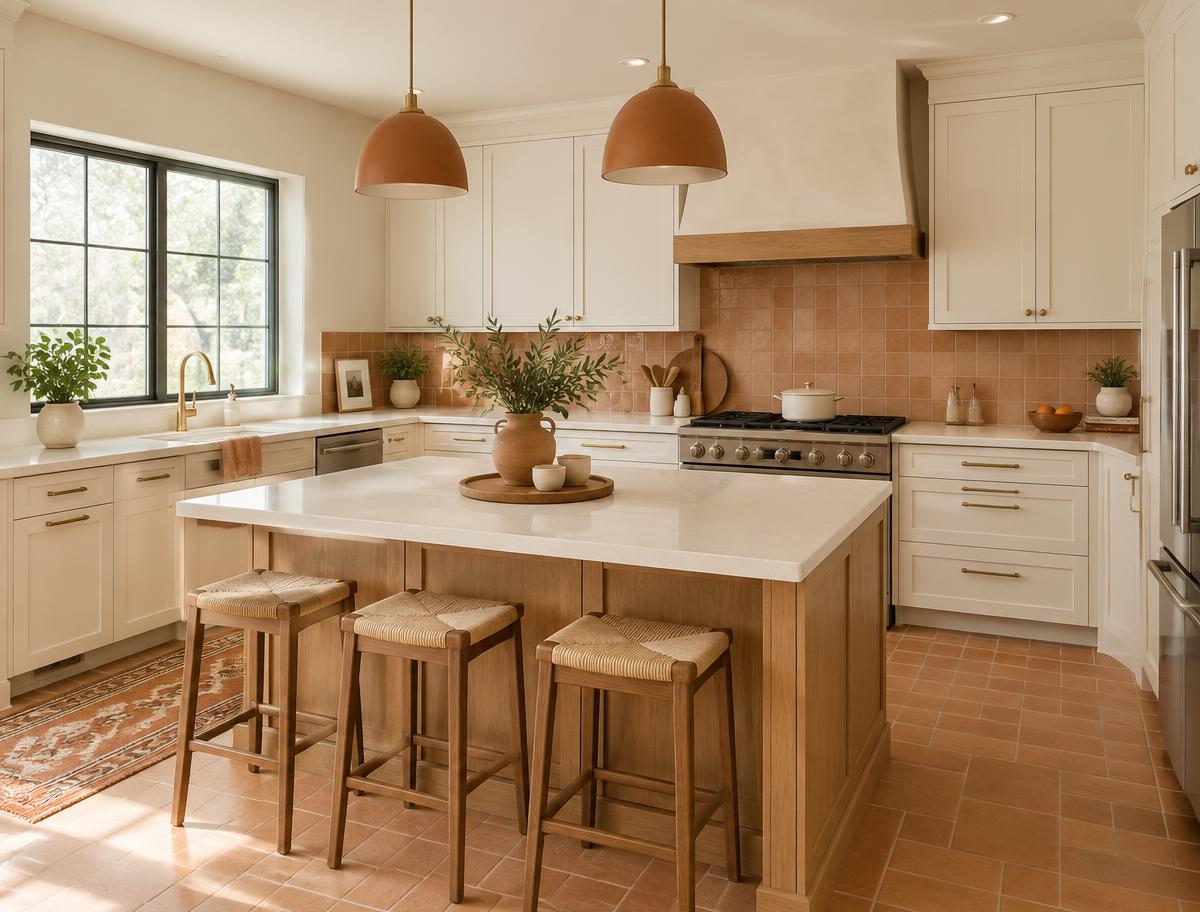 Remodeled kitchen with cream cabinetry, wood island, and terracotta tile