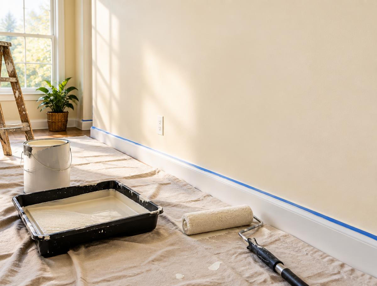 Interior wall with fresh cream paint, roller and covered floor