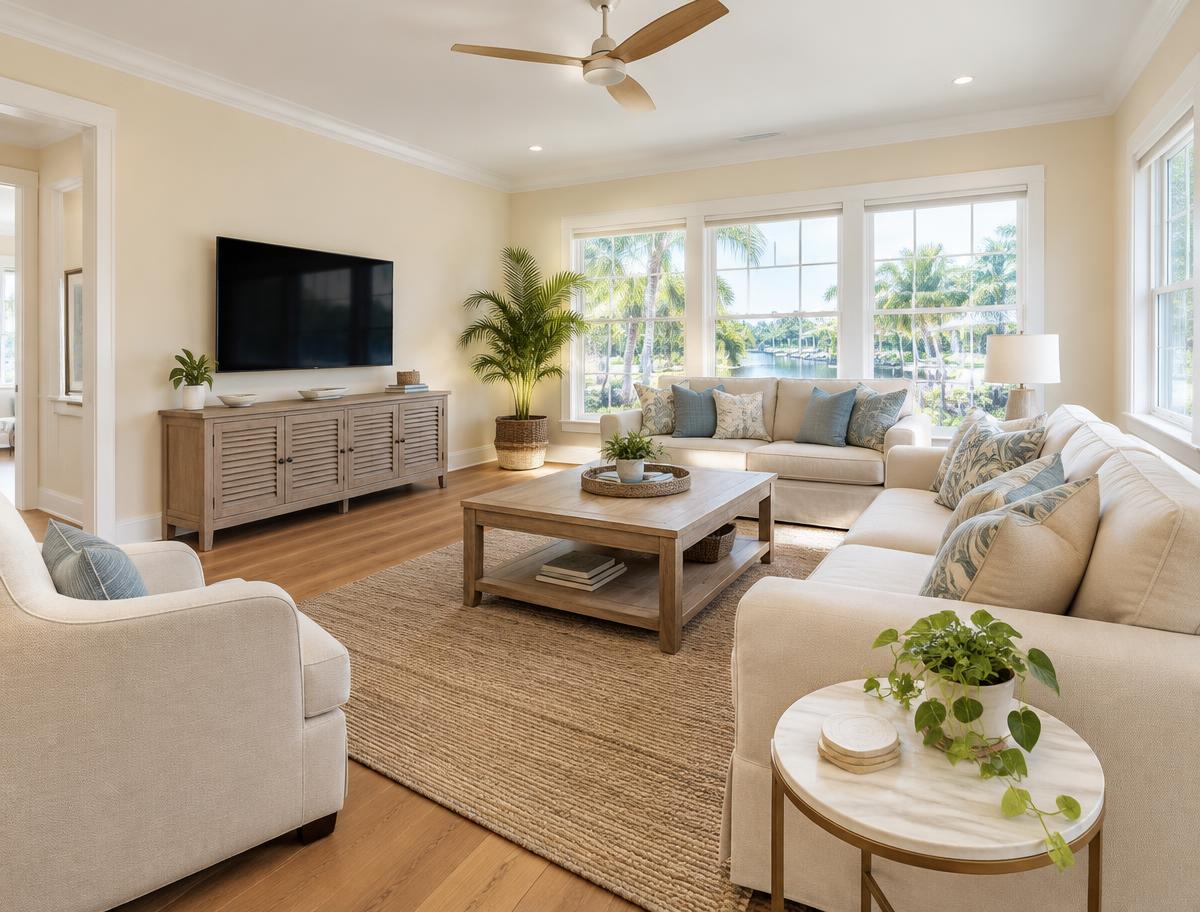 Bright remodeled living room with wood floors and large windows